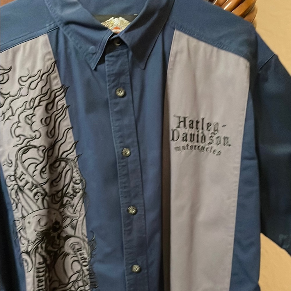 Harley-Davidson Blue and Gray Dress Shirt with Paisley Pattern